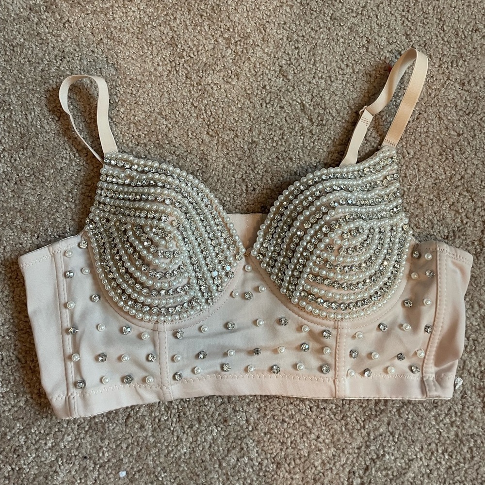 NWOT Embellished Rhinestone/ Pearl Bustier Crop Top